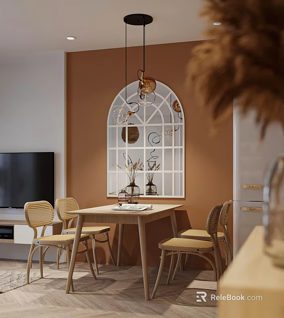 Modern Dining Area With Wooden Table Chairs And Arched Window 3d model