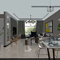 Modern Living and Dining Room Interior With Sofa Dining Table Chandelier Green Plants And Artwork