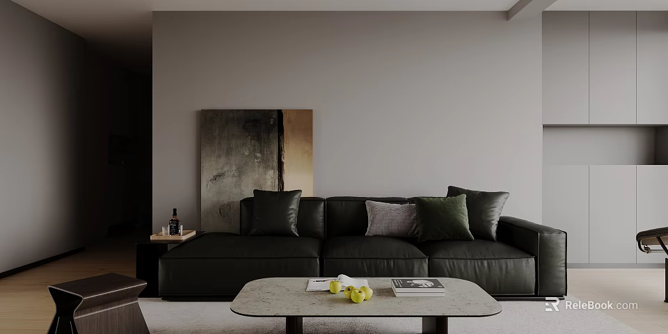 Minimalist Living Room Interior With Dark Leather Sofa Coffee Table And Abstract Painting 3d model 