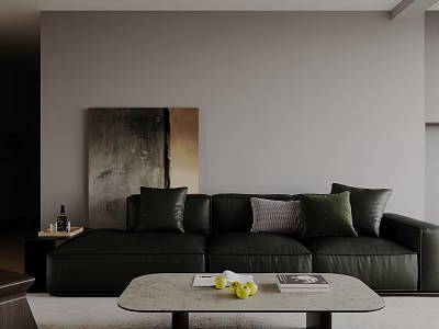 Minimalist Living Room Interior With Dark Leather Sofa Coffee Table And Abstract Painting 3d model