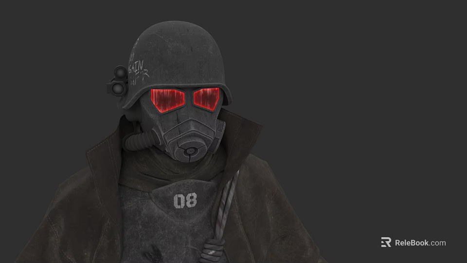 Apocalyptic Game Character With Black Helmet Red Glowing Goggles Gas Mask Dark Coat And 08 3d model 