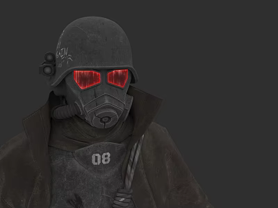 Apocalyptic Game Character With Black Helmet Red Glowing Goggles Gas Mask Dark Coat And 08 3d model