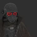 Apocalyptic Game Character With Black Helmet Red Glowing Goggles Gas Mask Dark Coat And 08