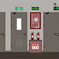 Fire Safety Equipment Cabinet With Emergency Exit Signs Fire Extinguishers And Doors