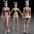 Woman In Black And White Bunny Costume Bikini With Rabbit Ears Front Side Back Views