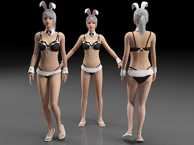 Woman In Black And White Bunny Costume Bikini With Rabbit Ears Front Side Back Views 3d model