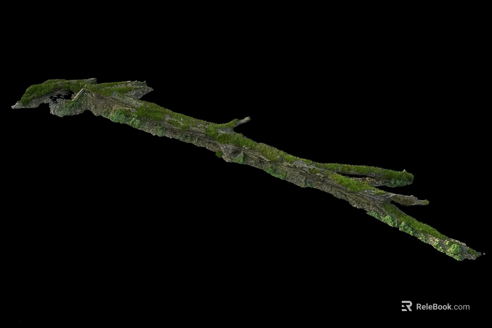 Long Rustic Stone Wood Decorative Structure Covered With Fresh Green Moss 3d model 