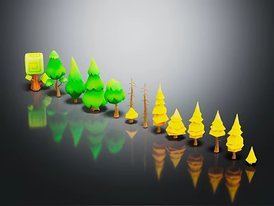 Colorful Cartoon Scene With Green And Yellow Trees Different Sizes And Reflections On Dark Background 3d model