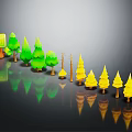Colorful Cartoon Scene With Green And Yellow Trees Different Sizes And Reflections On Dark Background