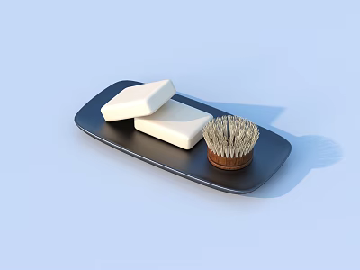 Black Tray With Two White Soaps And Bristle Brush For Daily Use 3d model
