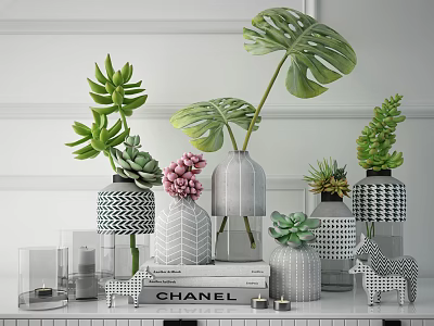 Decorative Ornament Set With Green Plants Vases Candles Horse Figurines And Books For Home Decor 3d model