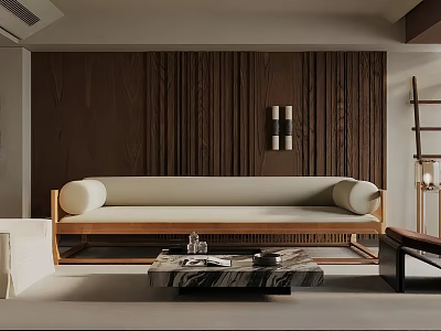Modern Living Room Interior Design With Wooden Wall Beige Sofa And Coffee Table 3d model