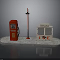 Red Gas Pump Red Street Lamp And ICE COLD Cooler On Gray Platform Setup