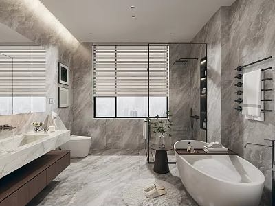 Modern Bathroom Interior With Marble Walls Window Blinds Double Vanity And Freestanding Bathtub 3d model