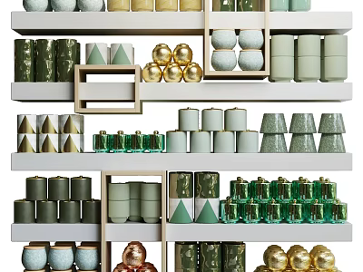 Ceramic Vessels Displayed on Multi Tiered Shelves with Various Colors Geometric Shapes and Designs 3d model
