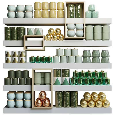 Ceramic Vessels Displayed on Multi Tiered Shelves with Various Colors Geometric Shapes and Designs 3d model