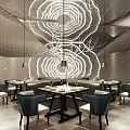 Modern Hotpot Restaurant Interior With Unique Ceiling Design Dining Tables And Tree Branch Decor 3d model