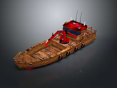 Wooden Water Boat Featuring Red Excavator Wooden Deck and Antennas Design 3d model