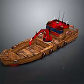 Wooden Water Boat Featuring Red Excavator Wooden Deck and Antennas Design