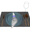 Elegant Tableware Set with Blue Plate White Napkin and Golden Cutlery on Gray Checkered Placemat