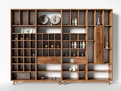 Traditional Chinese Wooden Bogu Shelf With Decorative Plates Vases Tea Sets And Intricate Compartments 3d model
