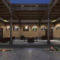 Traditional Chinese Hall Interior With Wooden Structure Inscribed Board And Display Cabinets