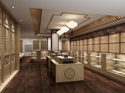 Traditional Chinese Style Store Interior With Wooden Display Cabinets And Hanging Lanterns 3d model