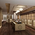 Traditional Chinese Style Store Interior With Wooden Display Cabinets And Hanging Lanterns