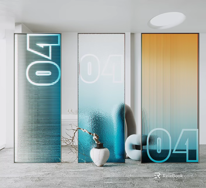 Glass Room Dividers With Gradient Colors Vertical Stripes And Interior Decor 3d model 