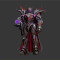 Sci Fi Mechanical Warrior Character With Spiked Head Purple Glowing Weapon And Cloak