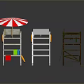 Three Different Lifeguard Stools With Red White Striped Umbrella And Lifebuoy