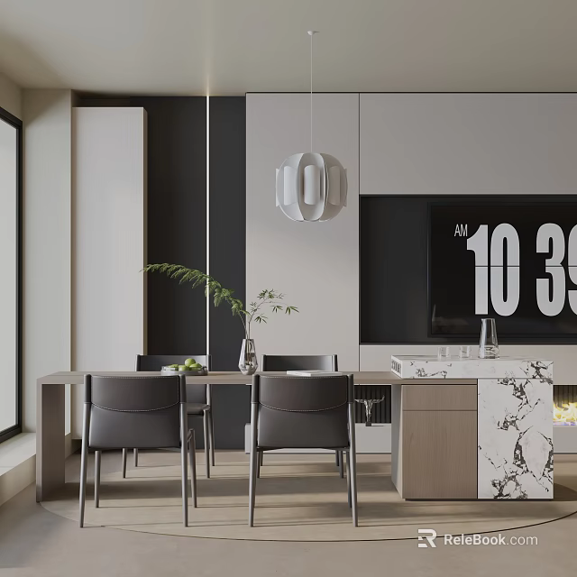 Elegant Modern Dining Table Set With Pendant Light Marble Top Green Plant And TV Wall 3d model 