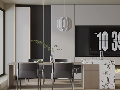 Elegant Modern Dining Table Set With Pendant Light Marble Top Green Plant And TV Wall 3d model