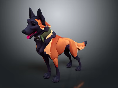 Standing Black And Orange Dog With Green Collar In Cartoon 3D Model Style 3d model