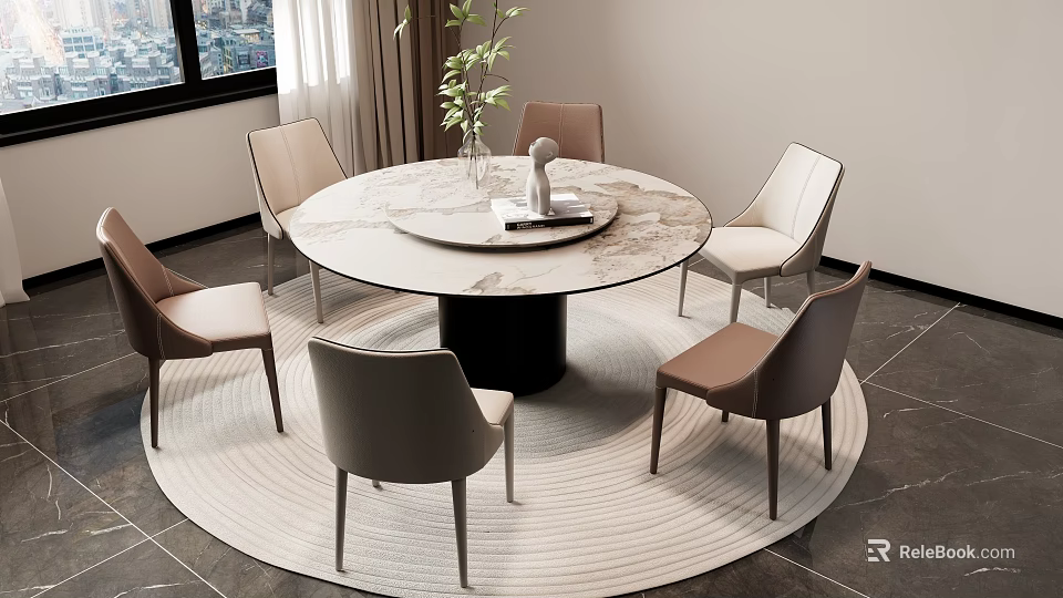 Modern Round Dining Table Set with Marble Top and Chairs on Circular Rug and Plant 3d model 