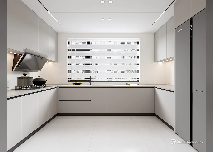 Modern Kitchen Interior With White Cabinets Gray Refrigerator And Window Blinds 3d model