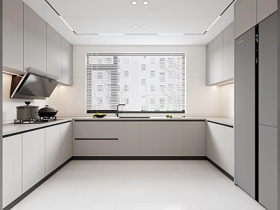 Modern Kitchen Interior With White Cabinets Gray Refrigerator And Window Blinds 3d model