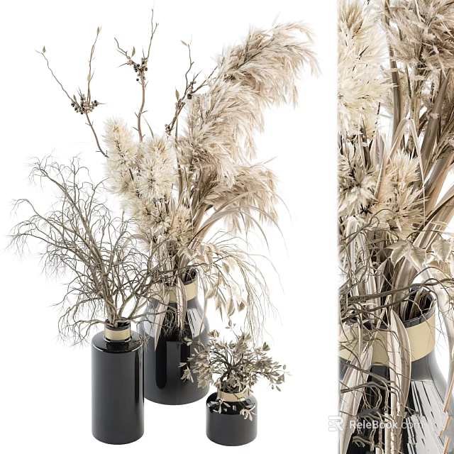 Natural Dried Pampas Grass And Twigs Decorative Ornament Set With Ceramic Vases 3d model 