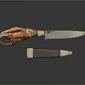 Antique Weapon Knife With Intricately Carved Horn Handle And Dark Wooden Sheath