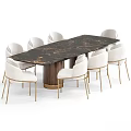 Modern Dining Table And Chair Set With Marble Top Metal Base And Red Upholstered Chairs