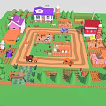 Colorful Cartoon Farm Scene Featuring Houses Barn Trees Animals Trucks Fences And Crops