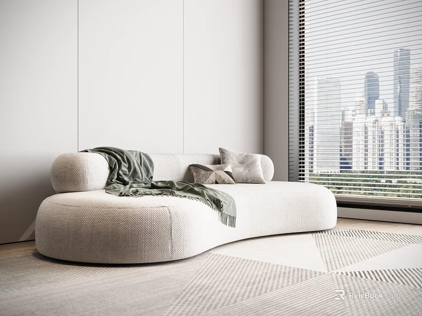 Curved Beige Sectional Sofa with Green Throw and Pillows in Modern City View Living Room 3d model 