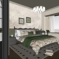 Elegant Bedroom Interior With Patterned Wallpaper Chandelier Decorative Paintings Green Throw And City View