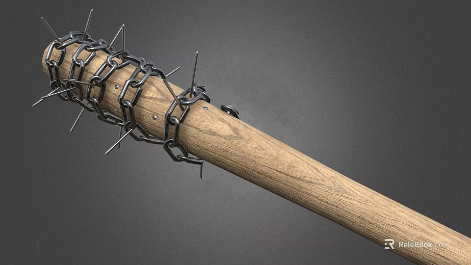 Spiked Wooden Bat Weapon With Metal Barbed Wire And Sharp Spikes 3d model 