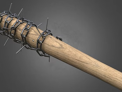 Spiked Wooden Bat Weapon With Metal Barbed Wire And Sharp Spikes 3d model