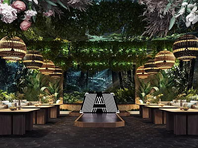 Elegant Private Dining Room Interior With Lush Greenery Hanging Pendant Lights And Wooden Tables 3d model