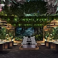 Elegant Private Dining Room Interior With Lush Greenery Hanging Pendant Lights And Wooden Tables