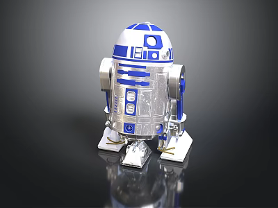 R2 D2 Robot Character With Blue White Design Silver Accents And Shiny Surface 3d model