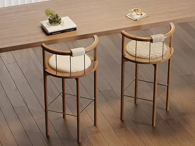 Modern Wooden Bar Stools With Curved Backrest And Light Cushion By Wooden Table 3d model