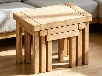 Natural Oak Wooden Coffee Table With Nesting Design In Minimalist Living Room 3d model